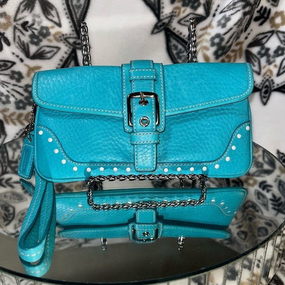 Coach Women’s Leather Buckle Flap Wristlet, Blue - Picture 1 of 16